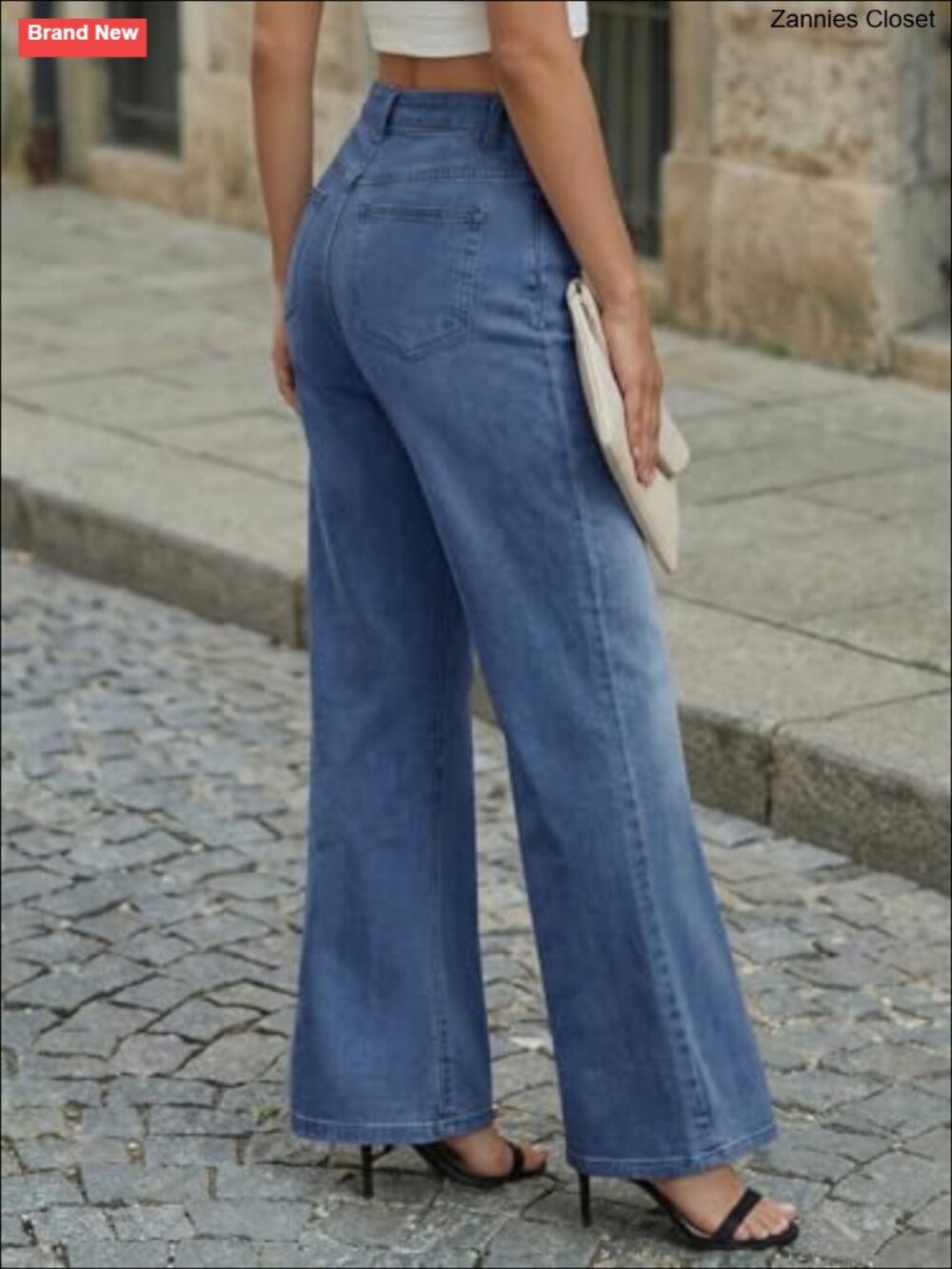 High Waisted Wide Leg Baggy Jeans Front Seam Cotton Blend Pants - Picture 3 of 5
